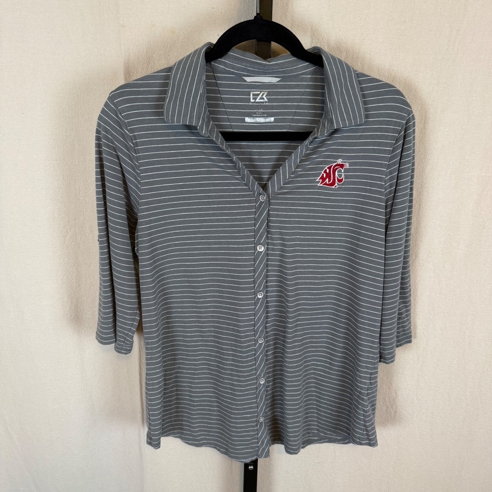 Cutter & Buck WSU Cougars Striped 3/4 Sleeve Button Up Shirt Grey Womens Large